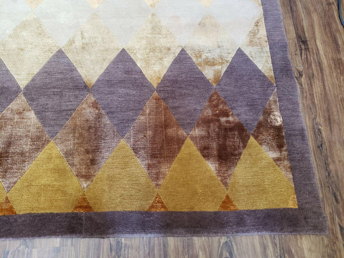 Modern Tibetan Rug 8.6 x 11, Wool and Silk, Multicolor, Diamond Panel Design - Jewel Rugs, view 9