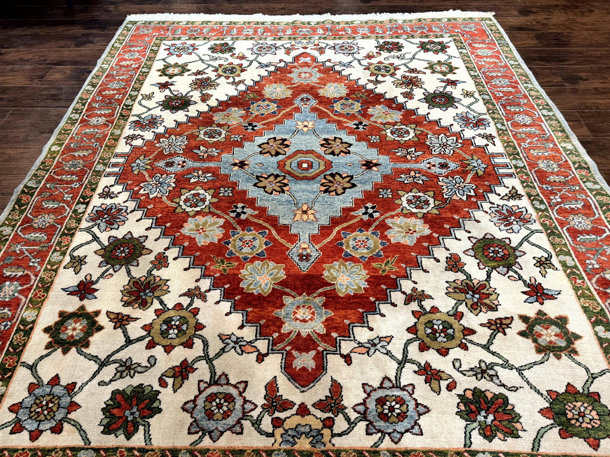 Indo Persian Heriz Rug 7x9, Geometric Pattern, Cream & Light Red, Handmade Vintage Wool Carpet - Jewel Rugs, view 3
