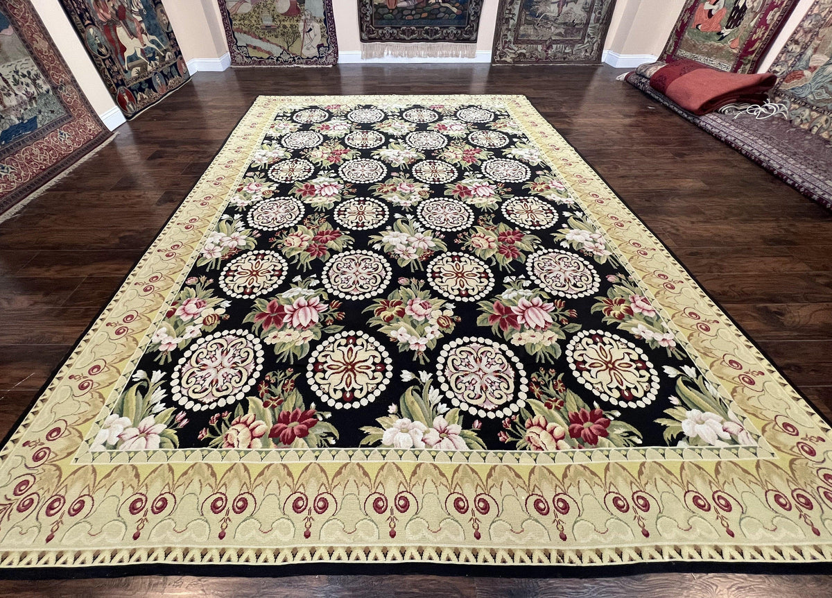 9x12 Black Needlepoint Rug, European Floral Panel Design, Handwoven, Vintage Chinese Needlepoint, Black Green Beige, Wool Rug 9 x 12 - Jewel Rugs, view 13