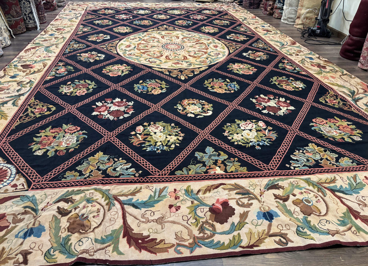 Palace Size Needlepoint Rug 12x20, European French English Aubusson Floral Design, Black and Beige - Jewel Rugs