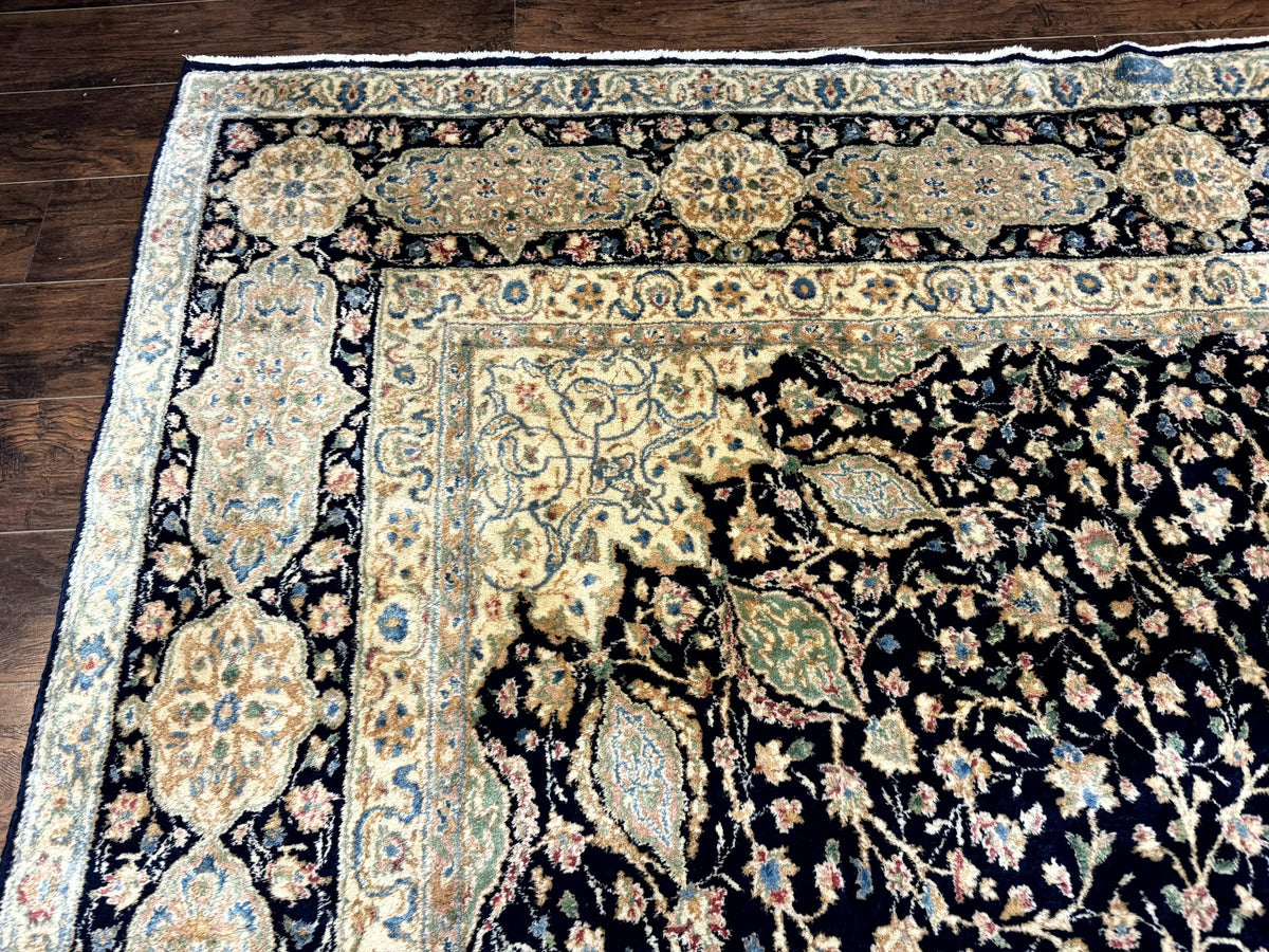 Large Persian Kerman Rug 10x14, Navy Blue and Beige, Floral Medallion, Traditional Elegant Persian Carpet, Signed by Masterweaver - Jewel Rugs, view 6