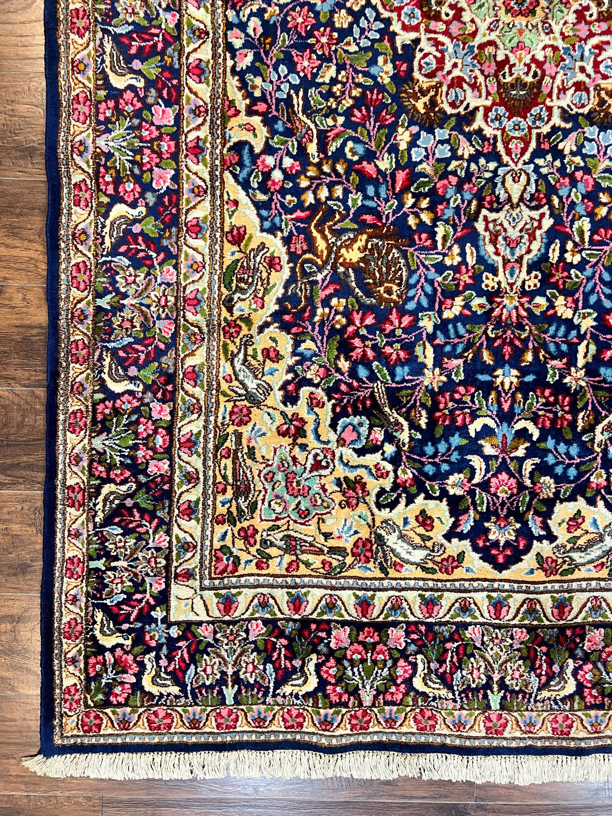 Persian Kirman Rug 6x9, Floral Medallion Vintage Wool Handmade Carpet 6 x 9, Animal Pictorials Birds, Semi Antique, Navy Blue, Millefleur - Jewel Rugs, view 8