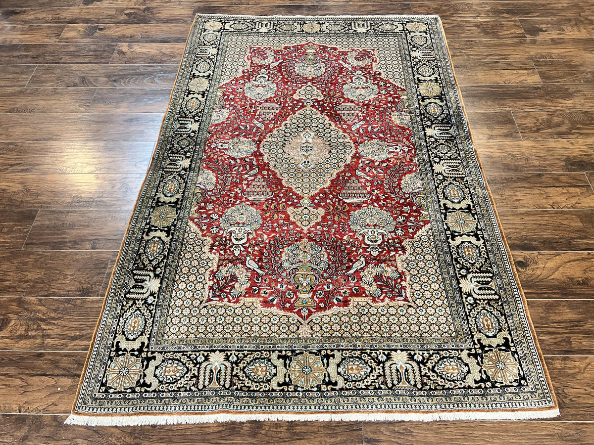 Wonderful Persian Silk Rug 5x7, Birds Floral Vases, Red, Hand Knotted Silk Fine Oriental Carpet, Handmade Vintage, Persian Qum Rug, 400 KPSI - Jewel Rugs