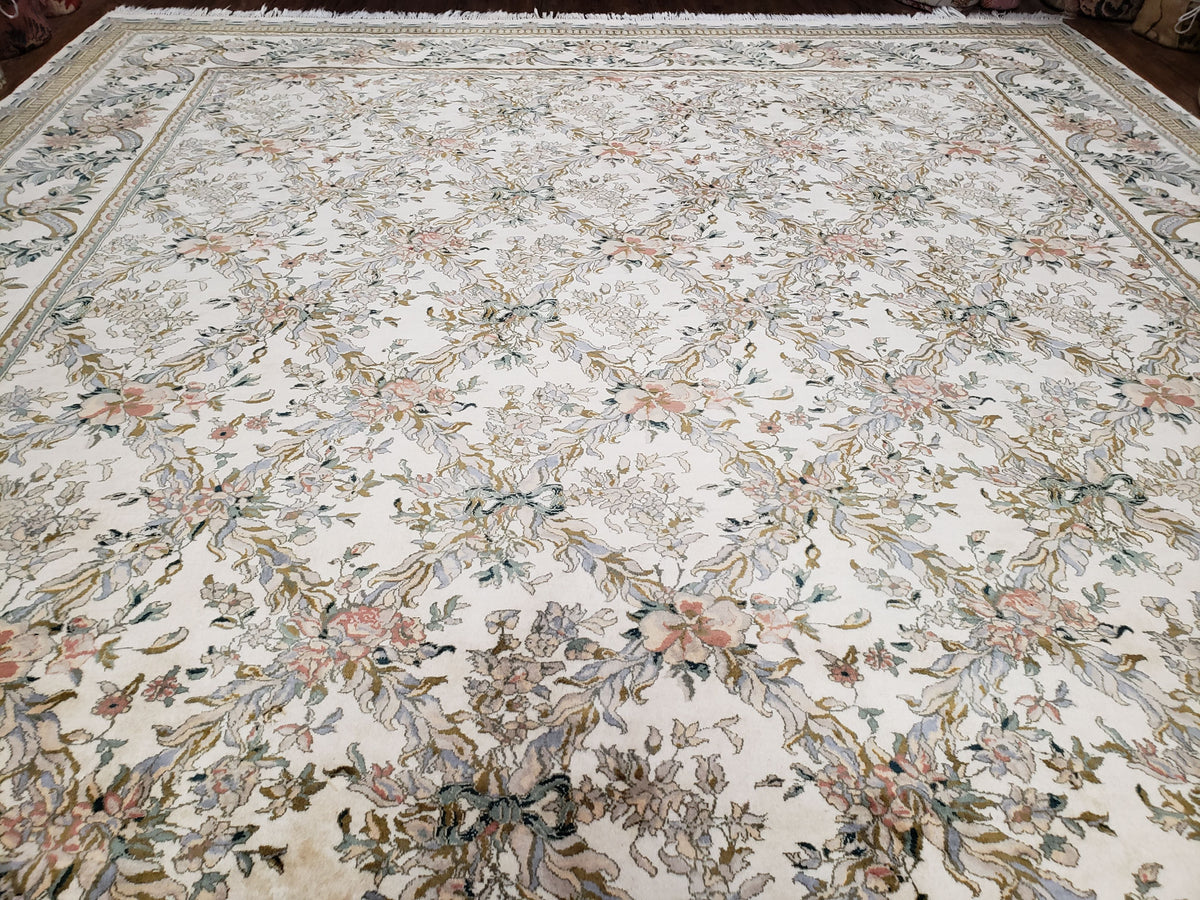 Pak Persian Floral Rug 11 x 12.6, Ivory, Very Fine, Hand Knotted - Jewel Rugs, view 6