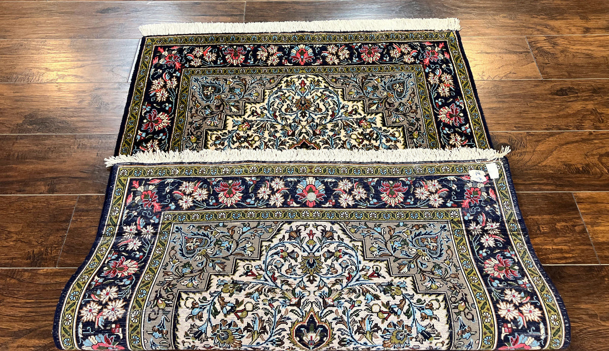 Persian Qum Rug 3x5, Wool with Silk Highlights, Handmade Semi Antique Carpet, Ivory & Navy Blue, Floral Medallion, Finely Hand Knotted - Jewel Rugs, view 11