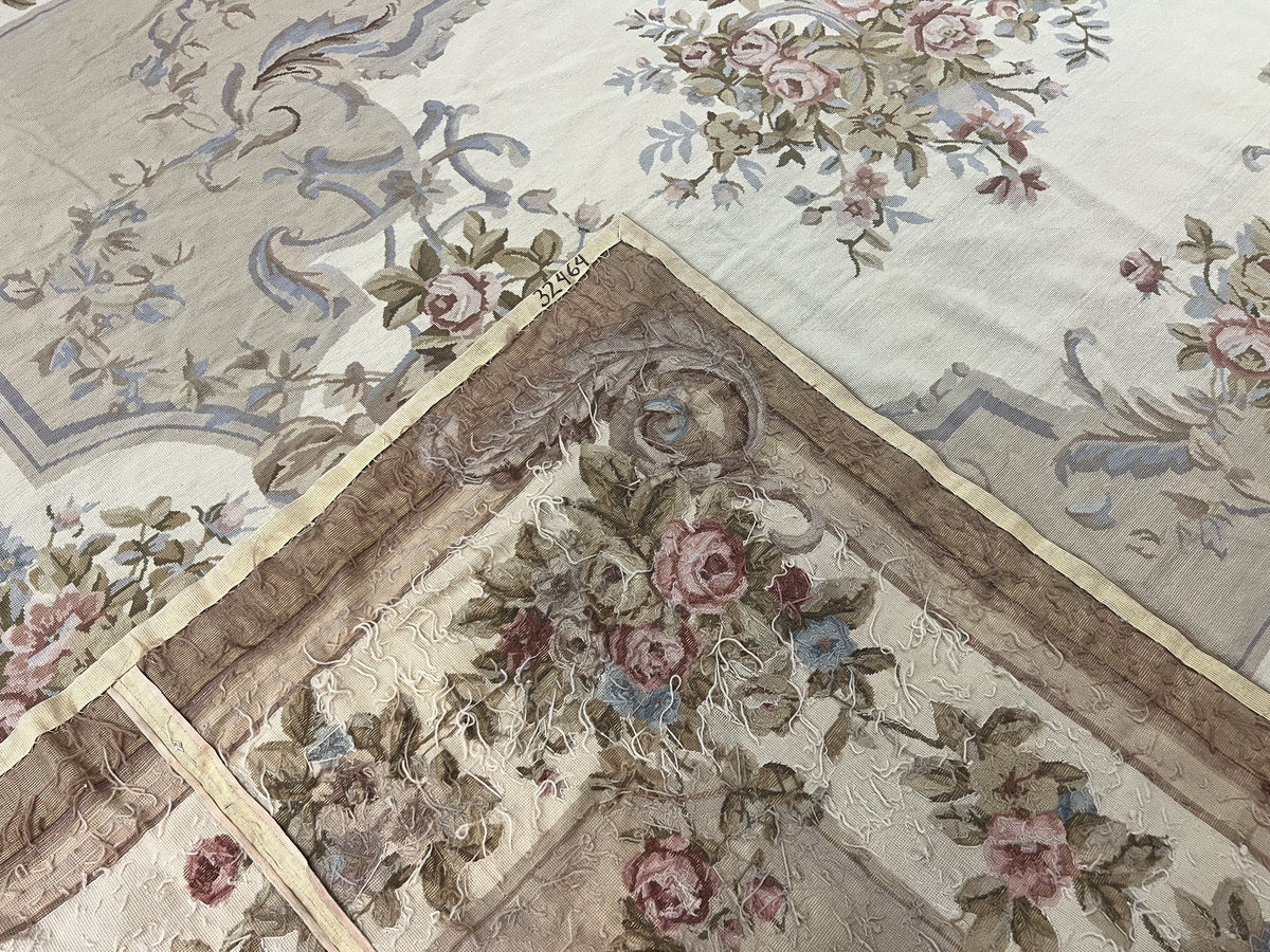 Aubusson Needlepoint Rug 9x12, VIntage Handmade Wool Beige Floral European Elegant Rug 9 x 12, Floral Roses - Jewel Rugs, view 16