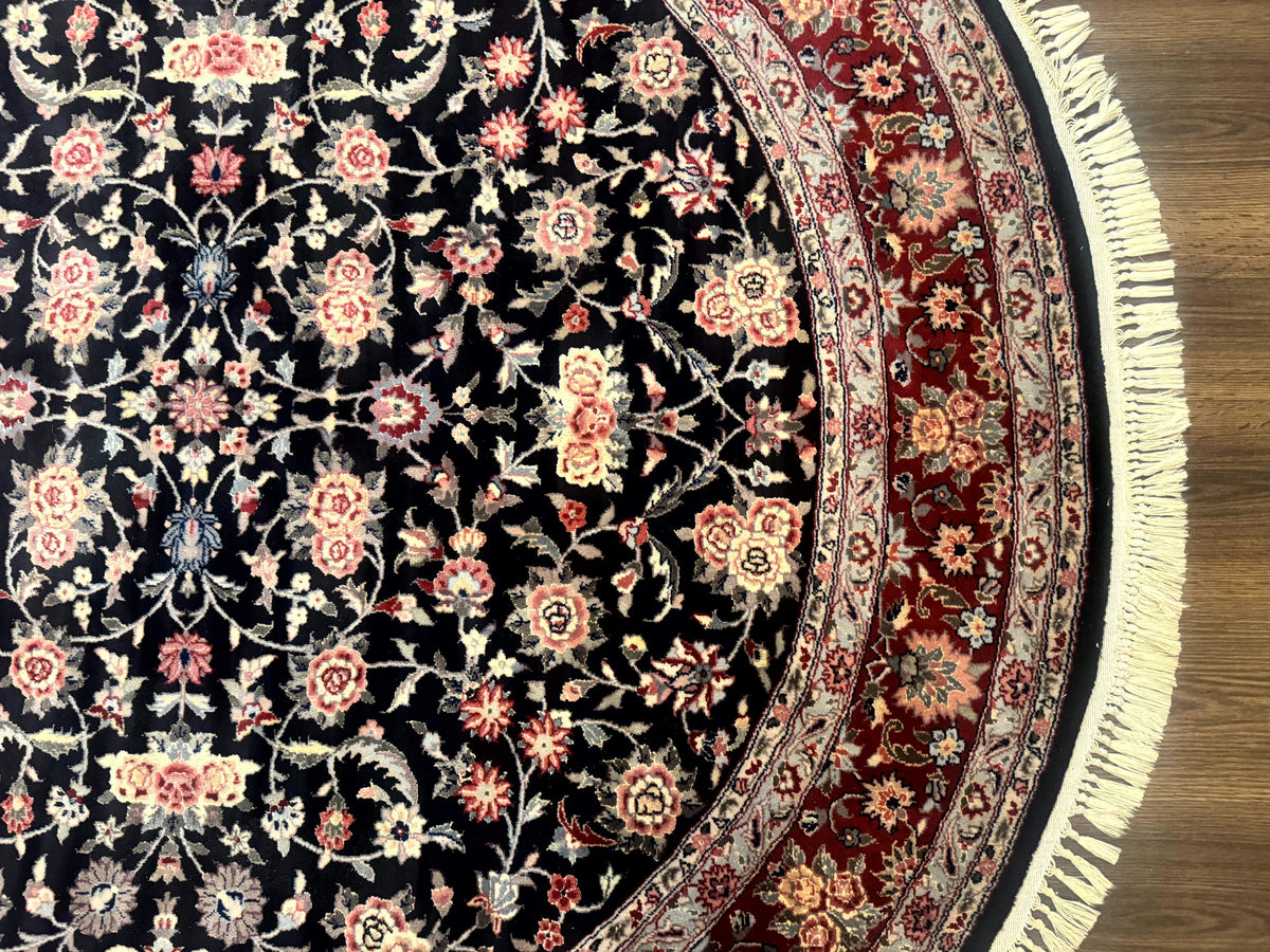 Round Sino Persian Rug 6x6, Floral, Navy Blue and Red, Wool and Silk Highlights - Jewel Rugs, view 7
