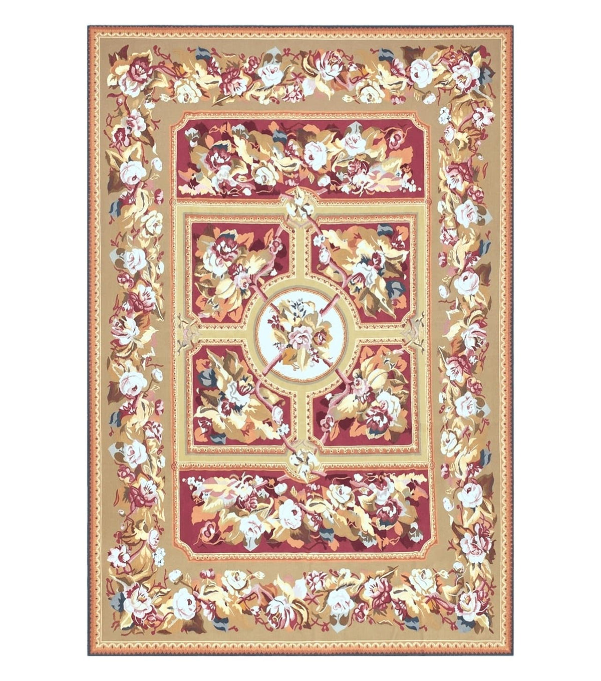 Vintage Chinese Aubusson Savonnerie Flat Pile Rug 9.9 x 14.5 Wool Handwoven Red & Khaki Large Flowers Rug 9x14 - 10x15 Michaelian Kolhberg - Jewel Rugs