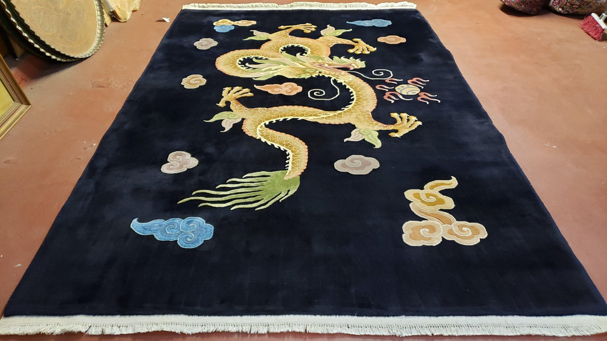 Rare Antique Chinese Art Deco Rug 6x9 with Dragon, Black Chinese Carpet 6 x 9, Hand Knotted Wool Area Rug - Jewel Rugs, view 5