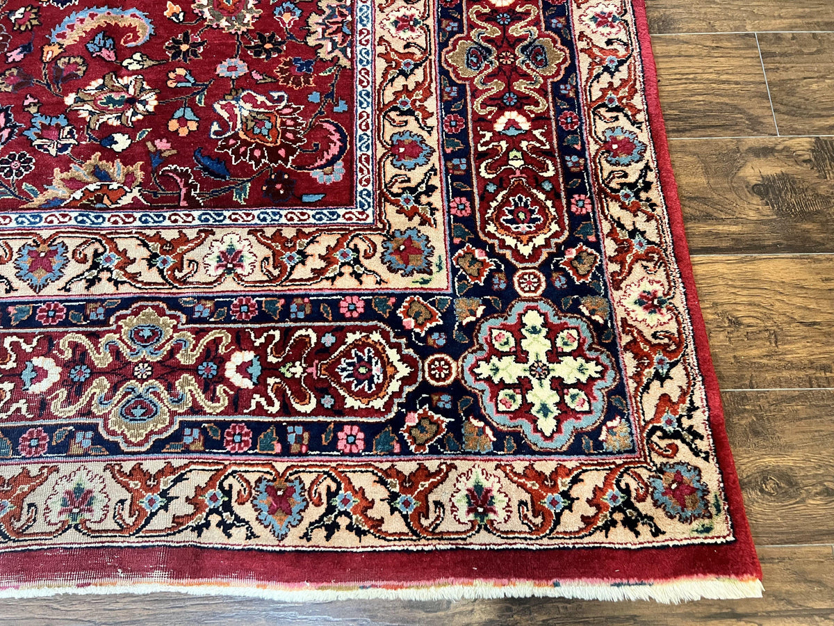 Signed Persian Mashad Rug 8x10, Wool Oriental Carpet, Semi Antique Rug, Hand Knotted, Traditional, Red, Floral Allover, - Jewel Rugs, view 9