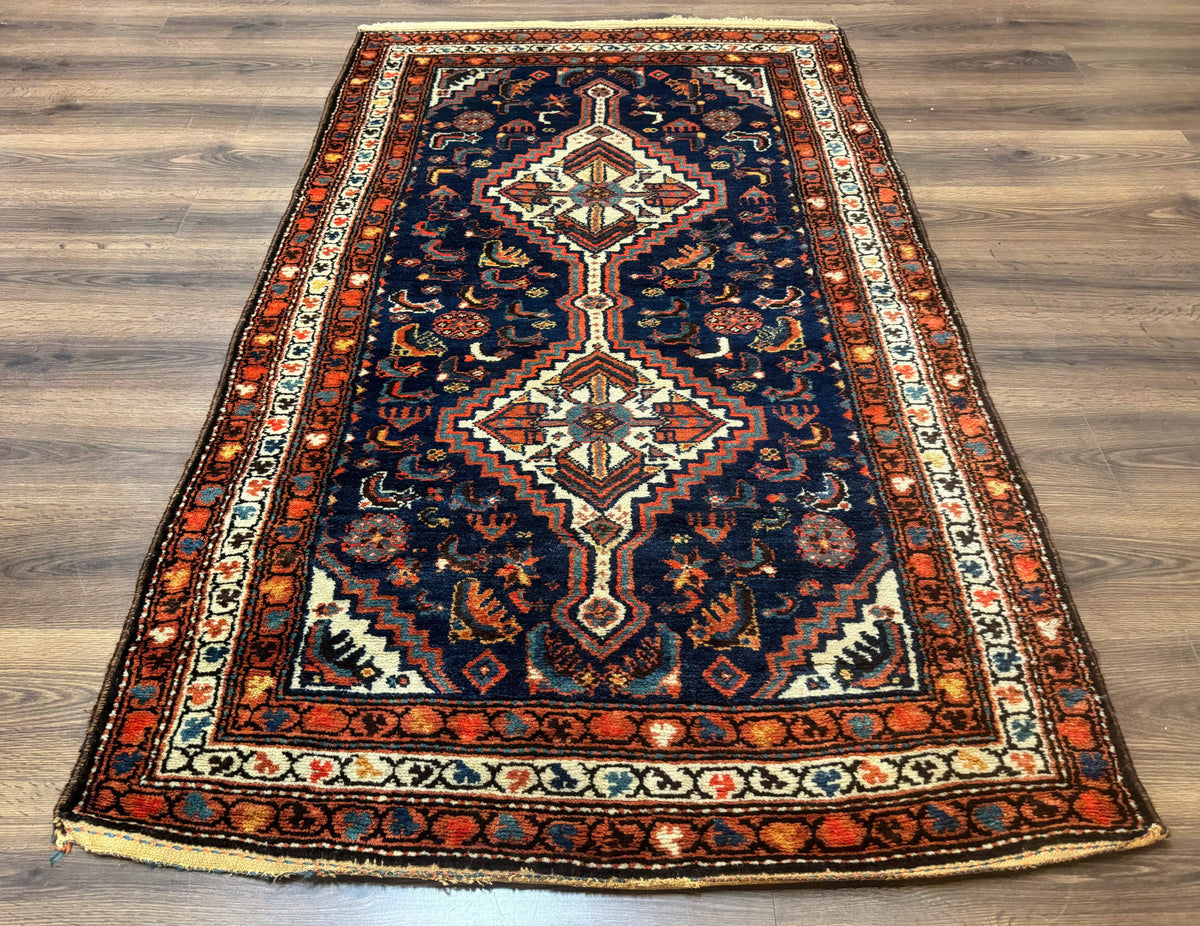 Antique Persian Hamadan Rug 4x6, Geometric, Double Medallions, Navy Blue, Tribal Carpet - Jewel Rugs, view 2
