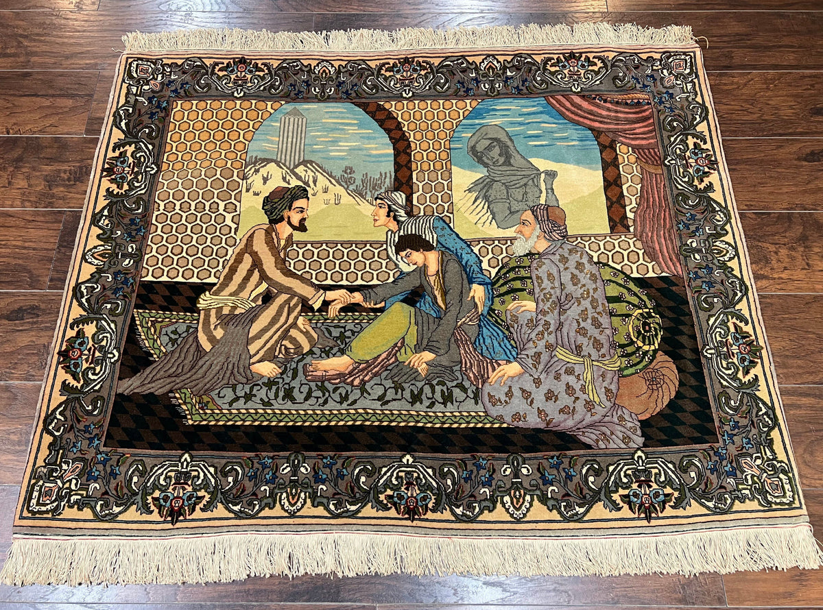 Persian Tabriz Pictorial Rug 4.8 x 3.8, Horizontal Oriental Carpet for Hanging on Wall, Hand Knotted Wool Vintage Fine Carpet, Doctor and Patients - Jewel Rugs, view 2