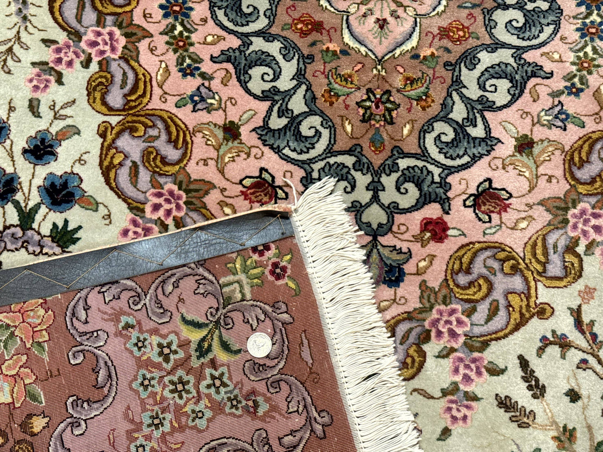 Wonderful Persian Tabriz Rug 7x10, Very Fine 330 KPSI, Light Green Light Blue Pink, Kork Wool Silk Foundation, Bird Pictorials - Jewel Rugs, view 11