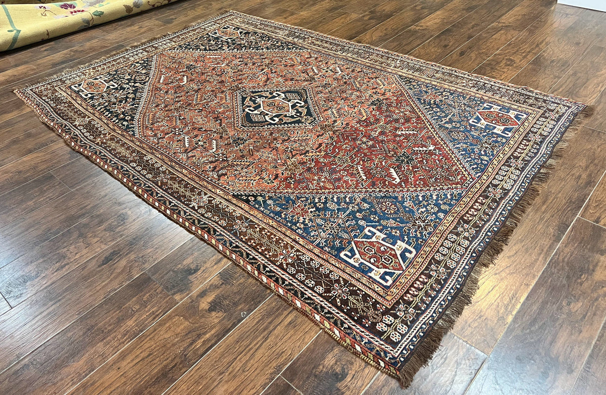 Antique Persian Shiraz Tribal Rug 6x8, Geometric Rug, Wool Handmade Hand Knotted Carpet, Red Blue - Jewel Rugs, view 12