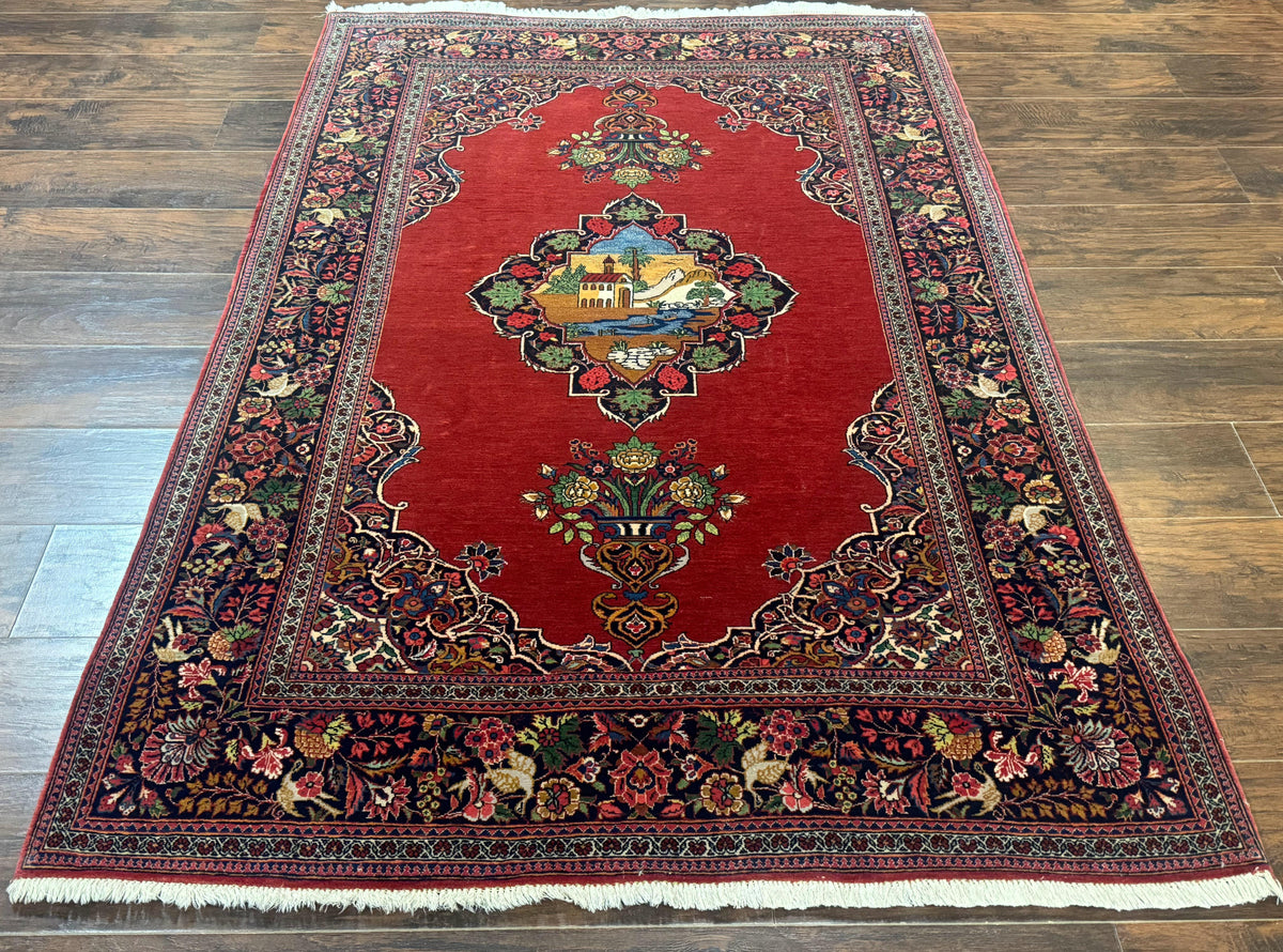 Red Persian Kashan Rug 4x6, Very Fine 260 KPSI, Red and Navy Blue Persian Carpet, Semi Open Field - Jewel Rugs, view 2