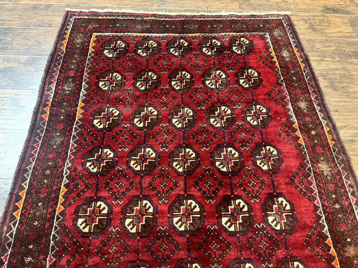 Persian Turkoman Tribal Rug 4x8, Handmade Vintage Wool Carpet, Red, Bohemian Rug - Jewel Rugs, view 13