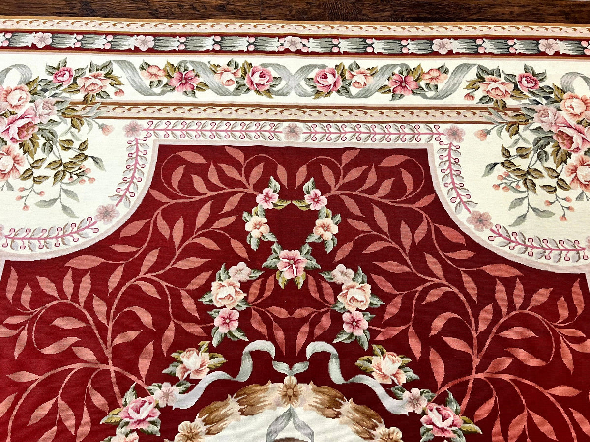 Wonderful Aubusson Rug 9x12, Handmade Vintage Needlepoint Carpet, Red and Ivory, Elegant European Design, Wool - Jewel Rugs, view 4