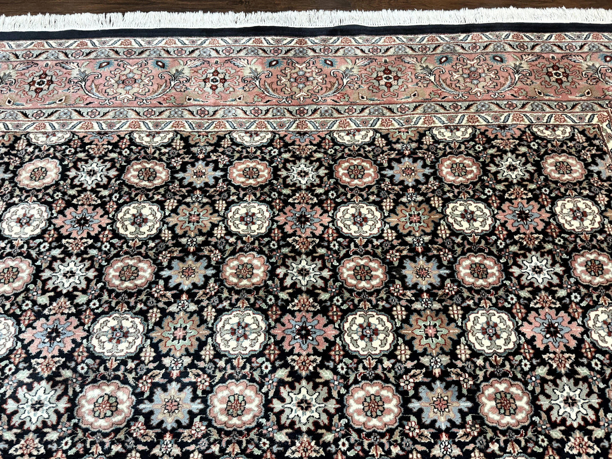 Indo Persian Rug 9x12, Vintage Handmade Wool Carpet, Repeated Allover Motif, Navy Blue and Pink - Jewel Rugs, view 4