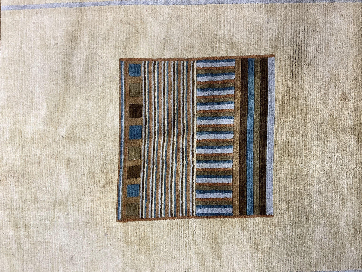 Tibetan Rug 5x8, Contemporary Rug 5 x 8 ft, Cream Brown Blue Hand-Knotted Wool w/ Silk Highlights Tibetan Carpet, Modern Rug - Jewel Rugs, view 5