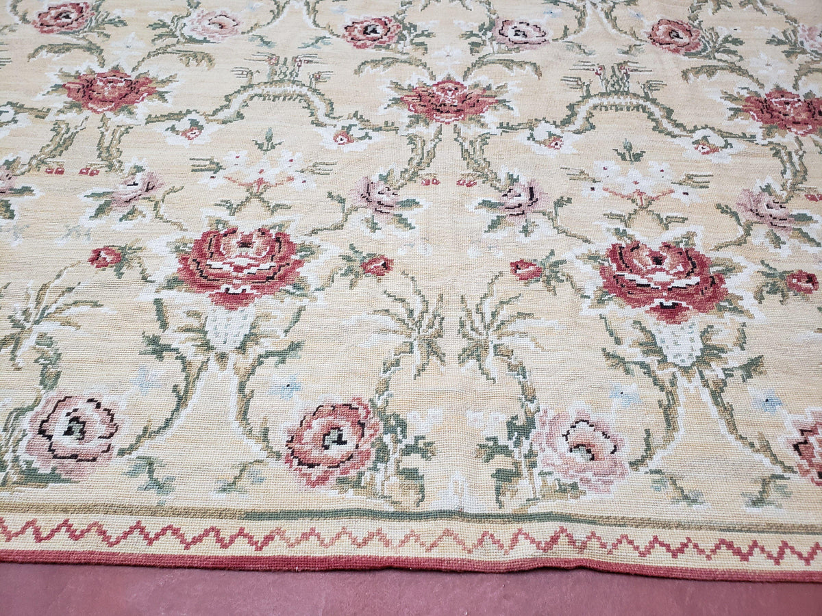 Needlepoint Rug 10x14 Wool Flatweave Carpet, English Floral Pattern, Pale Yellow, Roses, Allover Pattern, Handmade Large Needlepoint Nice - Jewel Rugs, view 6