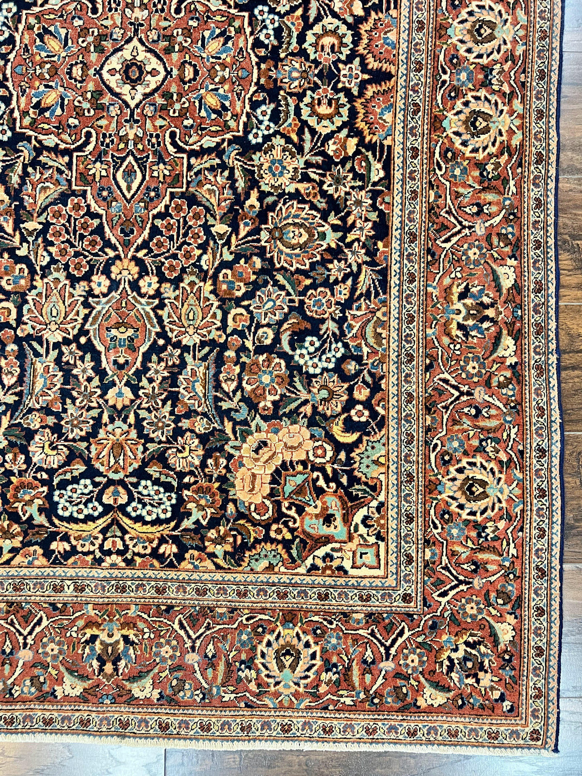 Persian Kashan Rug 4x7, Floral Medallion Vintage Handmade Hand Knotted Navy Blue & Red Wool Oriental Carpet, Highly Detailed Semi Antique Rug - Jewel Rugs, view 10