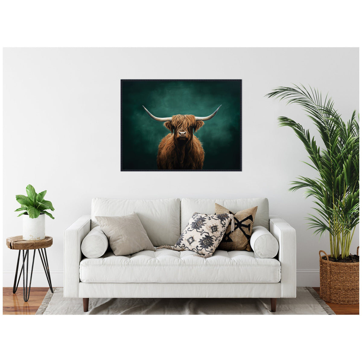 Highland Cow on Tonal Teal Green Abstract by The Creative Bunch Studio Framed Canvas Wall Art Print