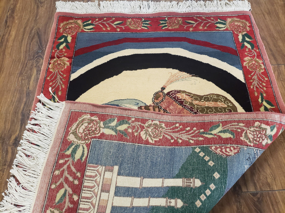 Vintage Small Pictorial Lovers Rug 2.5 x 4, Taj Mahal Indo Persian Rug, Wool Hand-Knotted Indian Rug, King & Queen, Layla and Majnun - Jewel Rugs, view 12