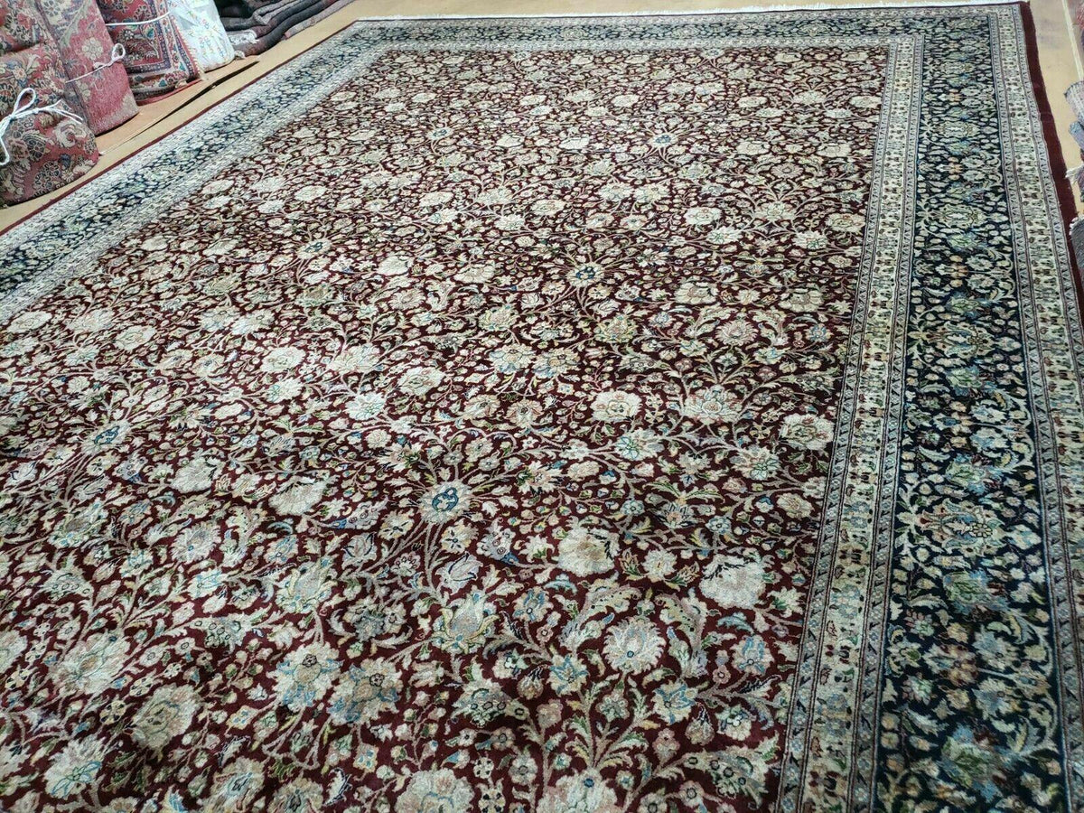 Persian Rug 9x12, Floral Allover, Very Fine, Handmade, Room Sized Oriental Carpet, Sino Persian, Maroon and Navy Blue - Jewel Rugs, view 3