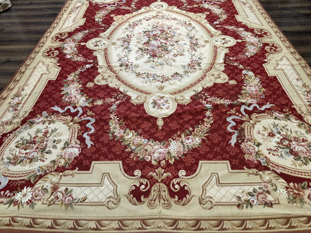 Aubusson Rug 8x11, Needlepoint Carpet, Red Ivory Beige, Vintage, French European Design - Jewel Rugs, view 6