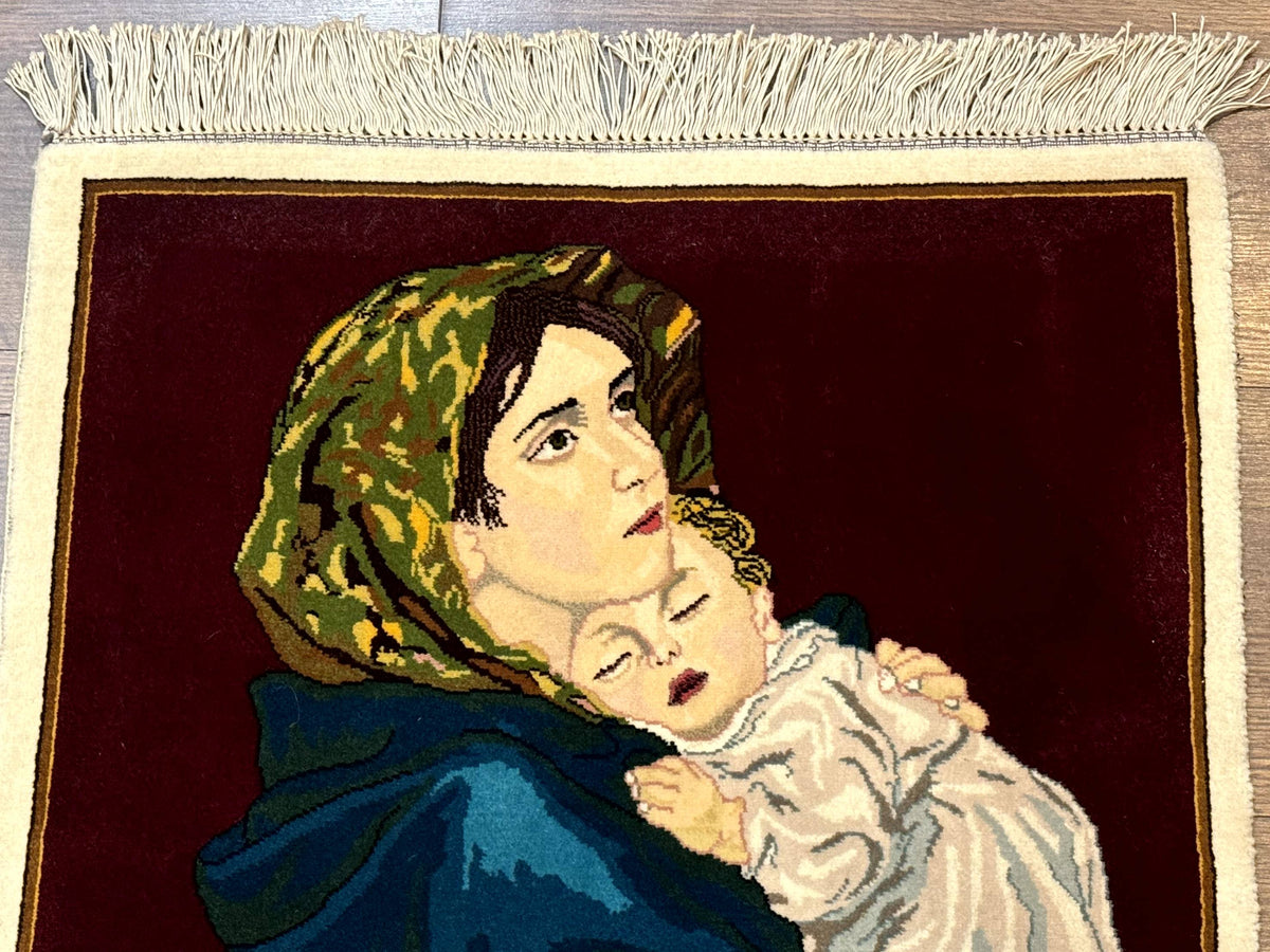 Small Persian Tabriz Pictorial Rug 2x2, Mother Holding Child, Very Fine 340 KPSI, Maroon - Jewel Rugs, view 4
