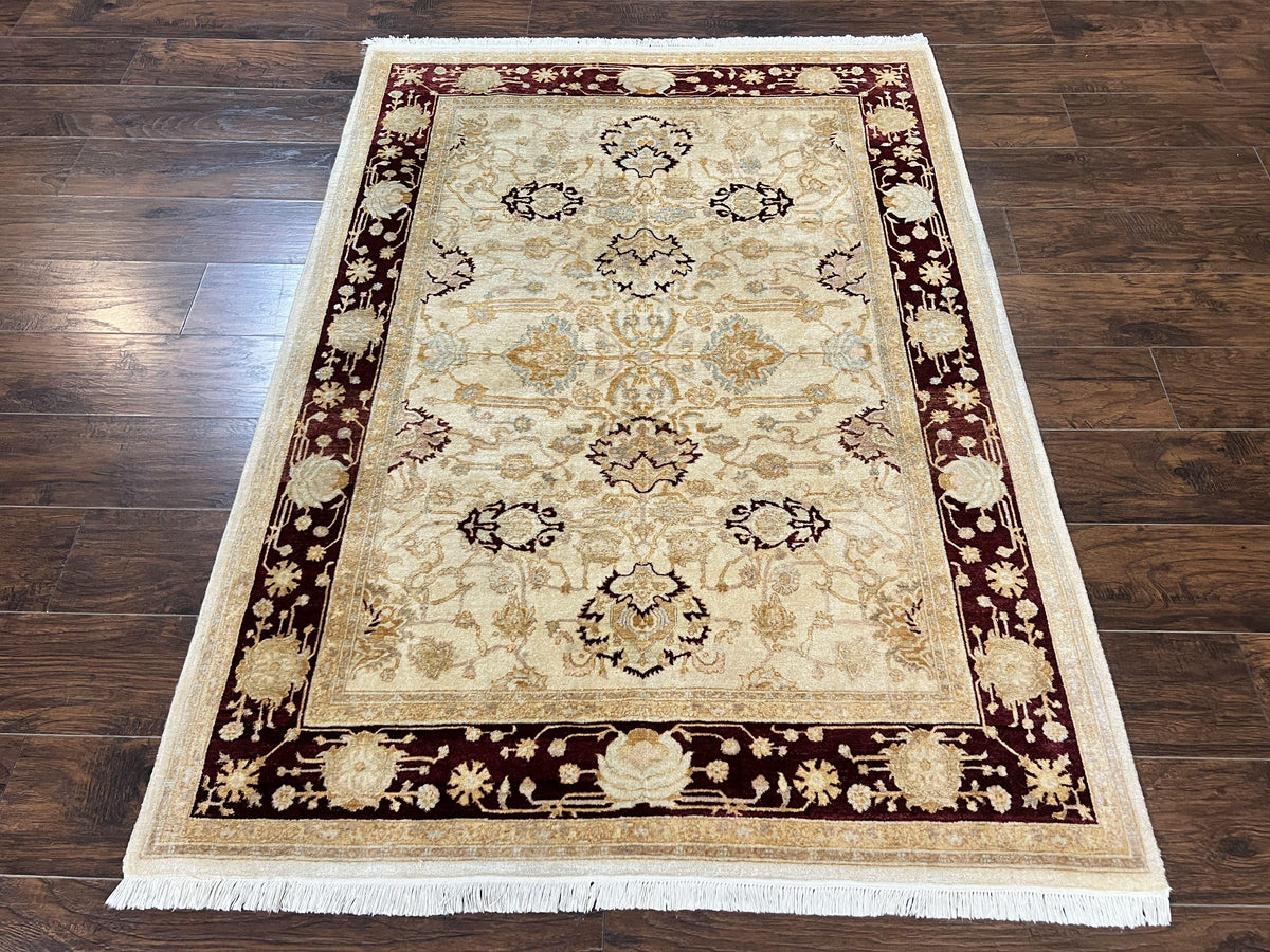 Peshawar Rug 5x7, Beige and Maroon, Vintage Handmade Wool Traditional Carpet 5 x 7 ft, Pakistani Rug, Agra Pattern, Very Fine 260 KPSI - Jewel Rugs, view 2