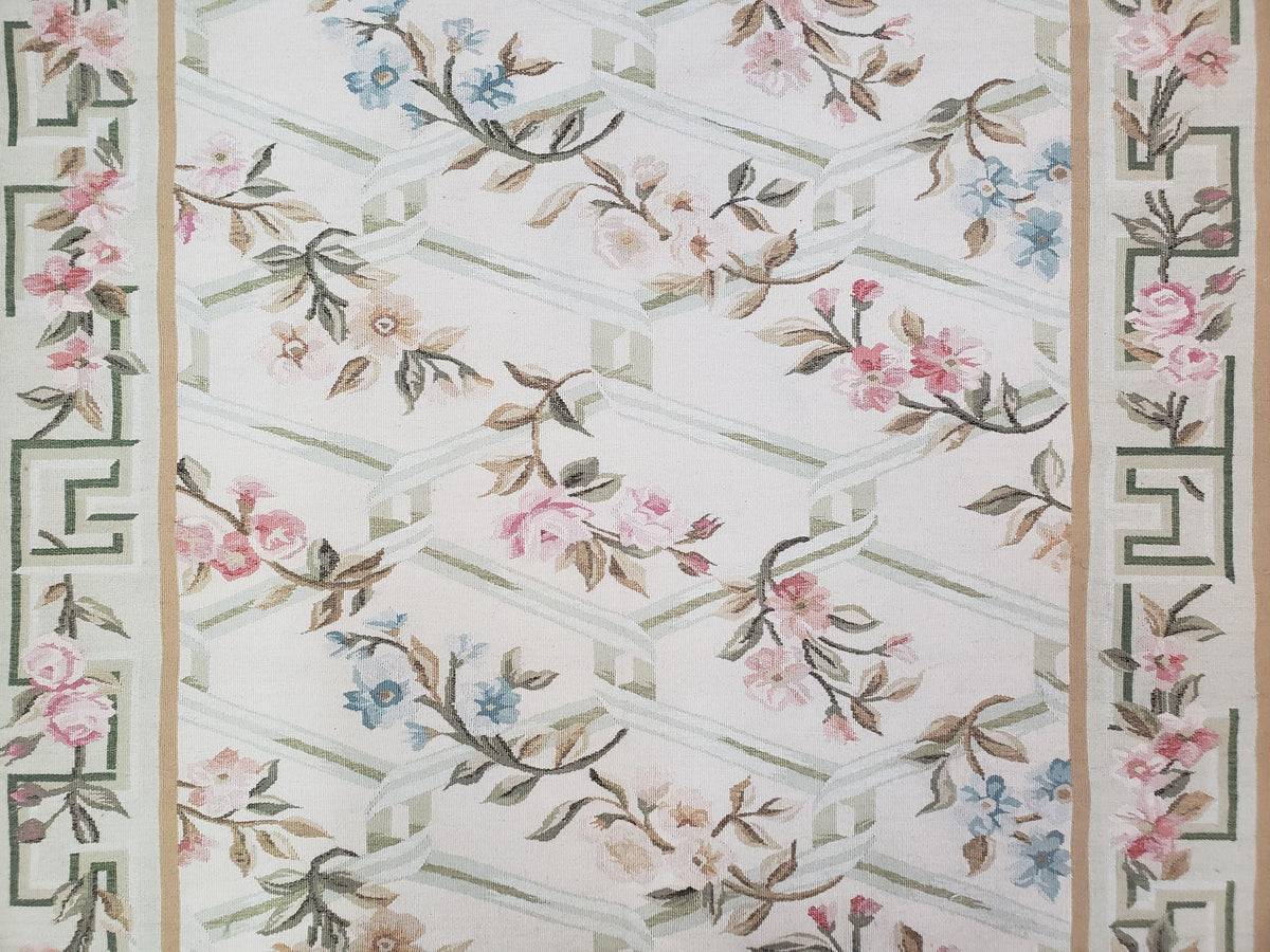 Vintage Aubusson Area Rug, Aubusson Flat weave Carpet, Floral Geometric Pattern, Beige Teal Green, 4x6 Rug, European Design - Jewel Rugs, view 5