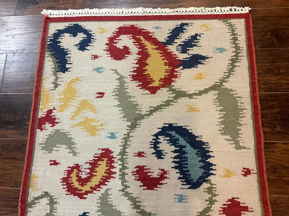 Indian Kilim Flatweave Rug 3x5, Abstract, Beige and Multicolor Flowers, Handmade - Jewel Rugs, view 4