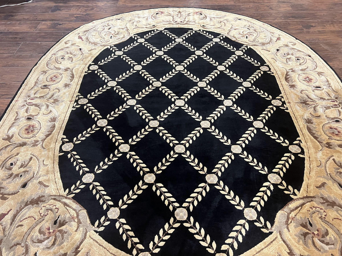 Oval Tibetan Rug 8x10, French Aubusson Design, Wool Handmade Vintage Carpet, Black & Beige, Soft Wool Pile - Jewel Rugs, view 3
