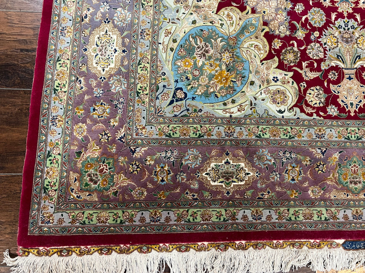 Stunning Persian Tabriz Rug 5x7, Signed by Masterweaver, Maroon, Floral Medallion, Ultra Fine 70 Raj 625 KPSI, Kork Wool Silk Foundation, Handmade - Jewel Rugs, view 9