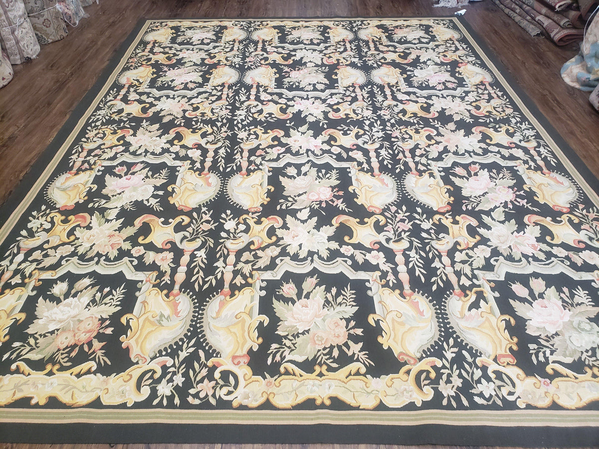 Vintage Black Aubusson Area Rug 8x10, Large Flowers Chinese Aubusson Carpet 7.9 x 10, Wool Hand-Knotted Floral Pattern Flat Weave Rug Nice - Jewel Rugs, view 2