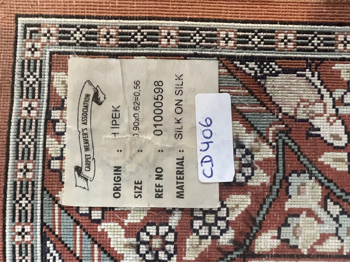 Turkish Silk Hereke Rug 2x3, Floral Vase Tree of Life Birds, Silk Pile on Silk Foundation, Vintage Oriental Carpet, Very Fine, Signature - Jewel Rugs, view 11