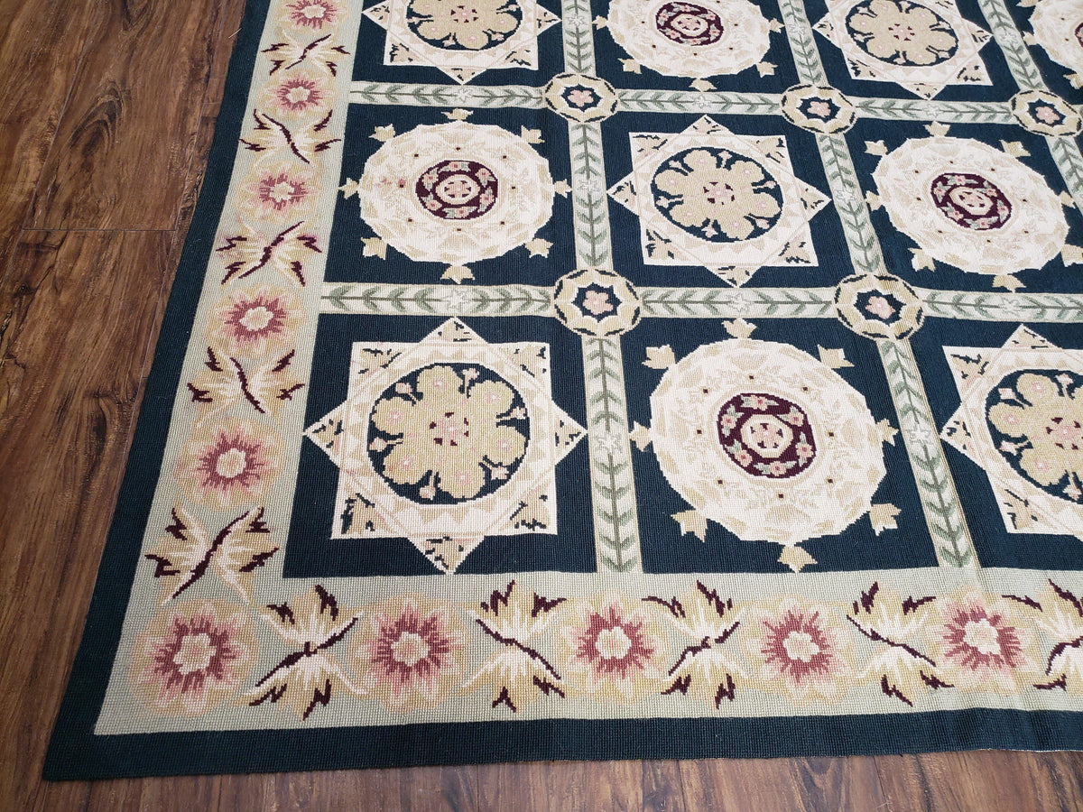 Vintage Chinese Needlepoint Rug 6x9, Panel Design Area Rug Wool Hand-Woven Black & Ivory Carpet Flat Weave Bedroom Rug 6 x 9 Living Room Rug - Jewel Rugs, view 9