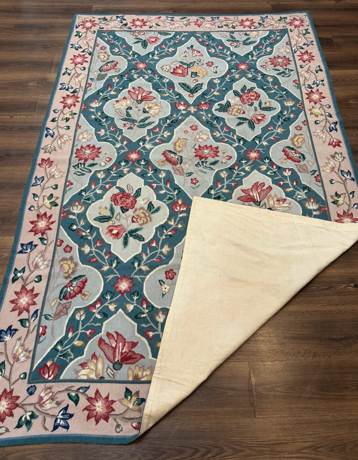 Teal Needlepoint Rug 6x9, Panel Design, Floral Bouquets, Handmade - Jewel Rugs, view 12