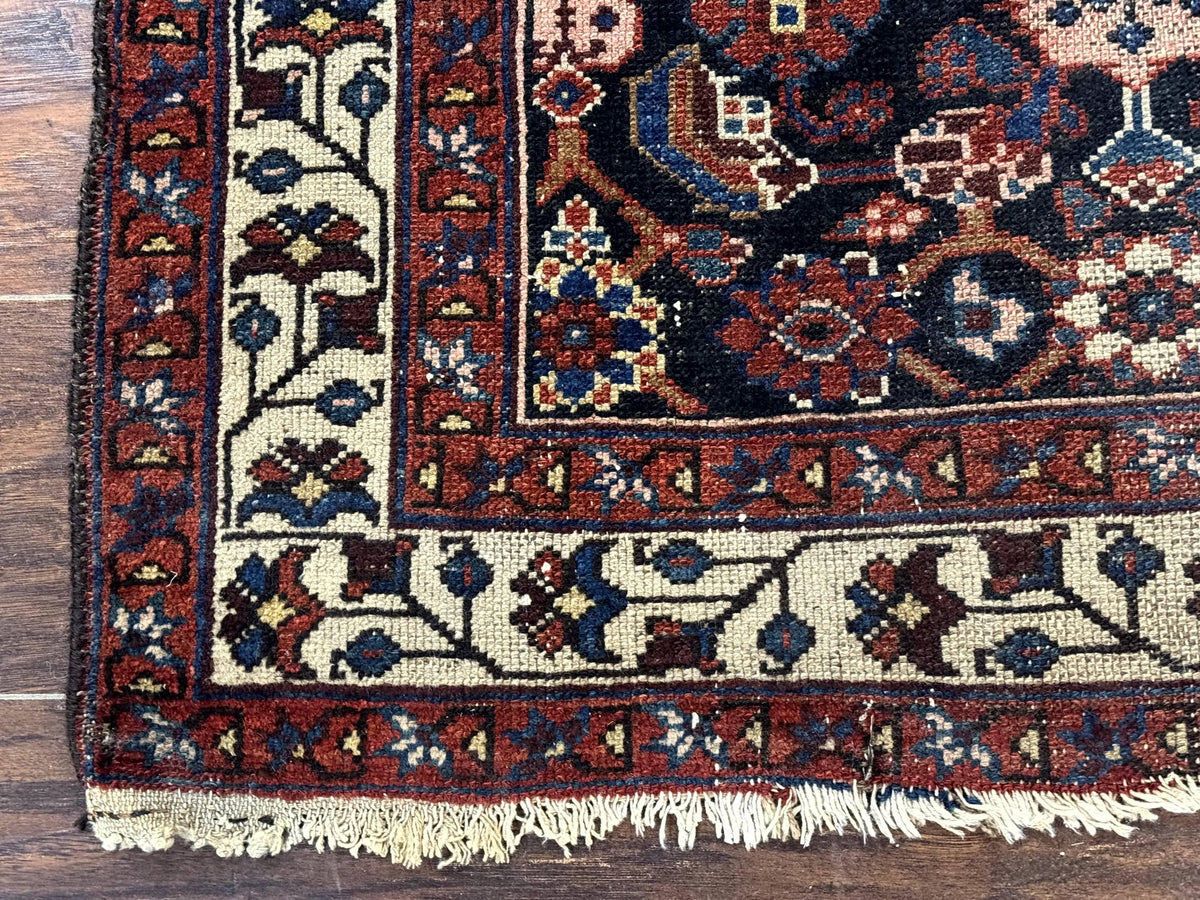 Navy Blue Antique Persian Rug 3x6, Blue and Ivory Persian Carpet, Handmade 1920s Hamadan Rug - Jewel Rugs, view 9