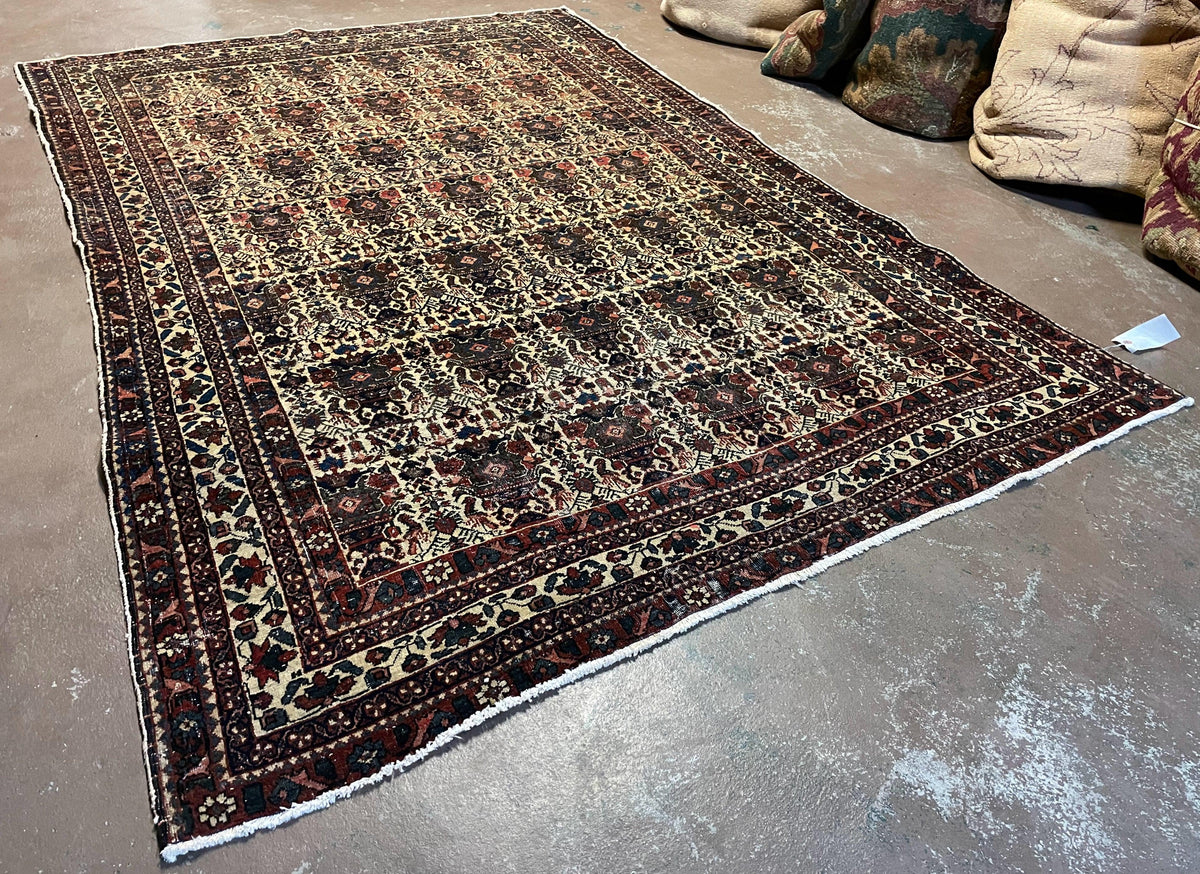 Antique Persian Afshar Rug 5x7, Wool Hand Knotted Oriental Carpet 5 x 7 ft, Repeated Motif Allover, Cream and Maroon, Tribal Rug, Medium Sized Rug,  Zil-i-Sultan Design - Jewel Rugs, view 3