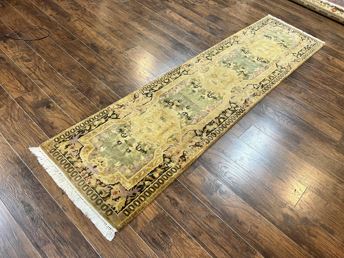 Tibetan Runner Rug 2.6 x 10, French Aubusson Pattern, Gold Olive Green, Vintage Handmade European Design, Wool Hallway Rug - Jewel Rugs, view 2