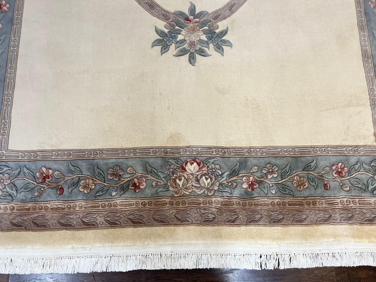 Chinese Carving Rug 8x10, Chinese Wool Carpet 8 x 10, Cream, 120 Line Rug, Vintage Handmade Art Deco Asian Oriental Rug, Aubusson Rug - Jewel Rugs, view 5