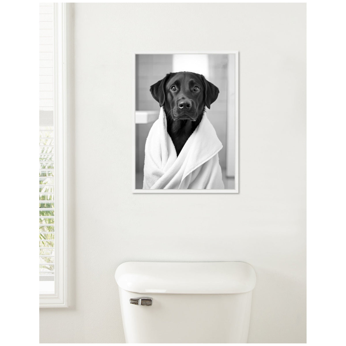 Sylvie Black Lab Bathroom Art Towel Robe Black and White Framed Canvas by The Creative Bunch Studio