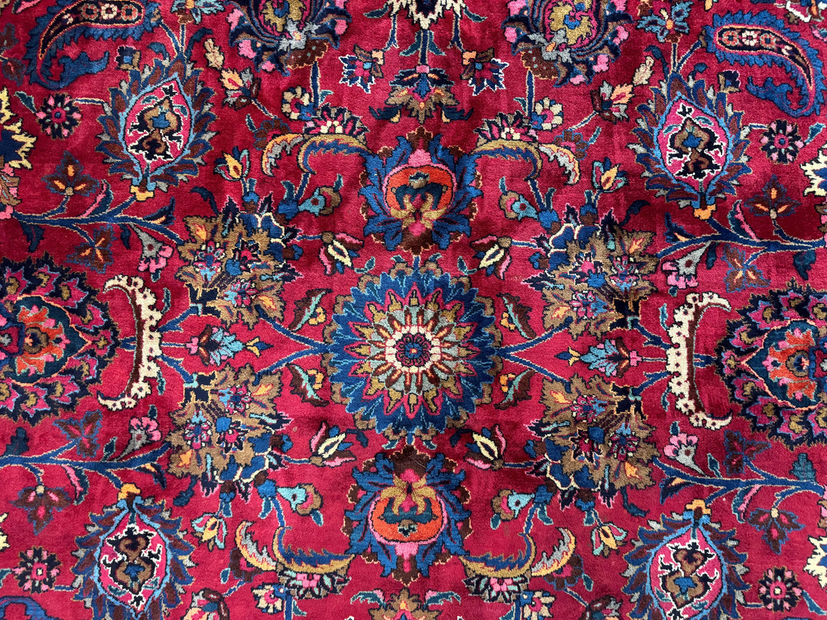 Palace Size Persian Mashad Rug 12x16, Raspberry and Navy Blue, Signature from Master Weaver, Antique Handmade Large Wool Carpet - Jewel Rugs, view 4