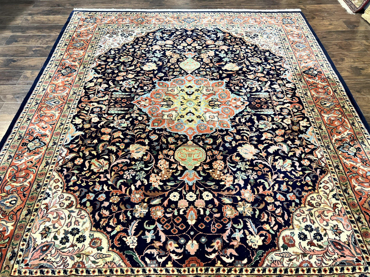 Indo Persian Rug 8x10, Midnight Blue & Red, Handmade Vintage Wool Carpet, Floral Medallion - Jewel Rugs, view 3