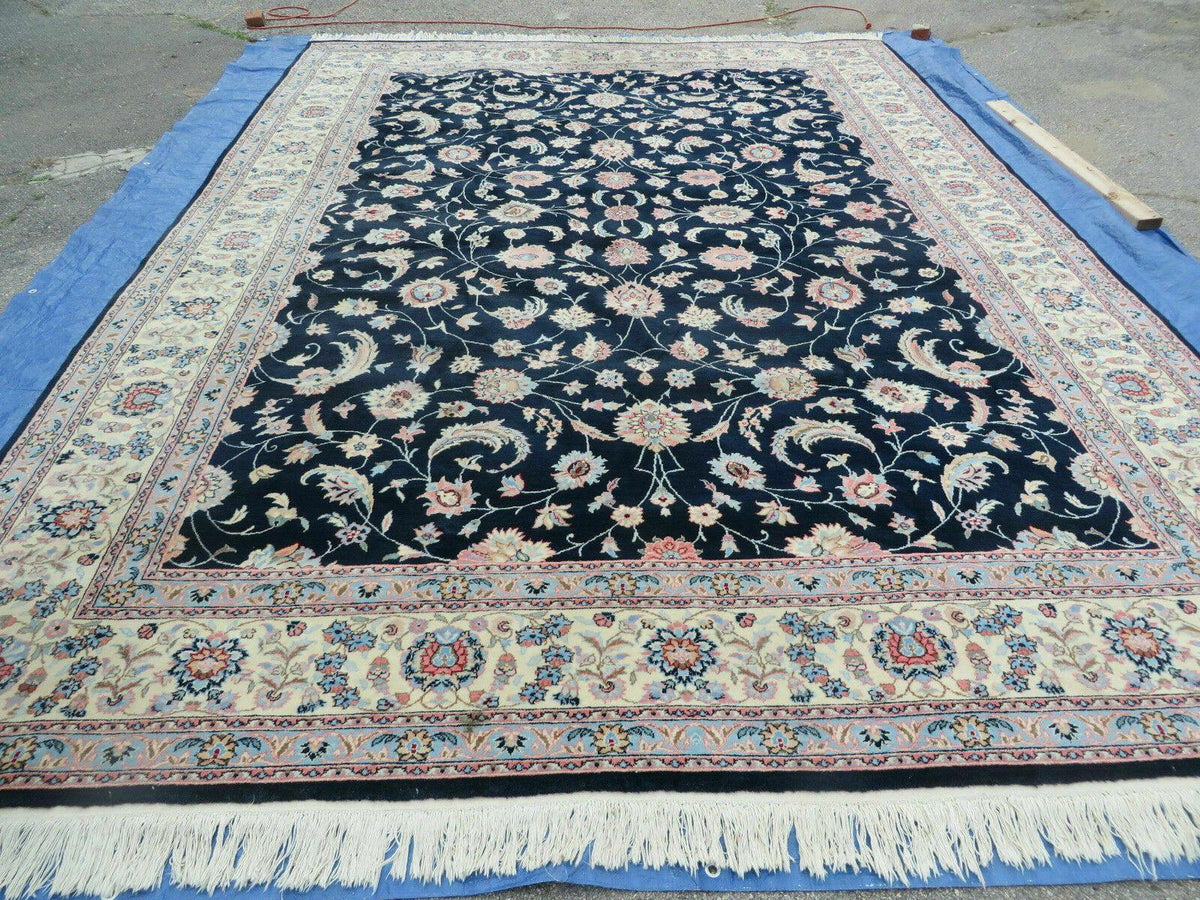 Large Indo Persian Rug 10x14, Wool Hand-Knotted Carpet, Navy Blue Ivory - Jewel Rugs