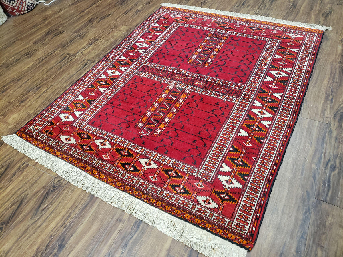 Antique Persian Turkoman Rug 4x5, Hatchli Tekkeh Ersari Red Tribal Rug, Handmade Wool Oriental Carpet, Four Seasons Rug - Jewel Rugs, view 3