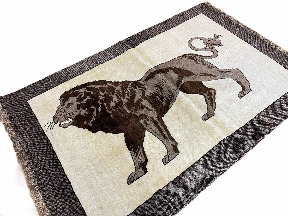 3 x 5 Handmade Rug Brown Beige Hand-Knotted Lion Rug New Vintage Quality Animal - Jewel Rugs, view 2