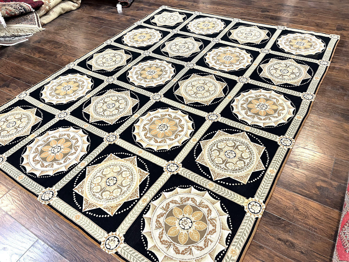 Needlepoint Rug 8x10, Black Tan Beige, Panel Design, Wool Handwoven Handmade Flatweave Needlepoint Carpet, Vintage French European Rug - Jewel Rugs, view 3